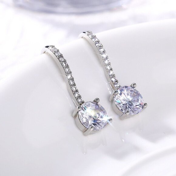 💥 White Crystal CZ Dangle Earrings for Women Imitate Zircon Drop, HA4516 - Picture 2 of 6